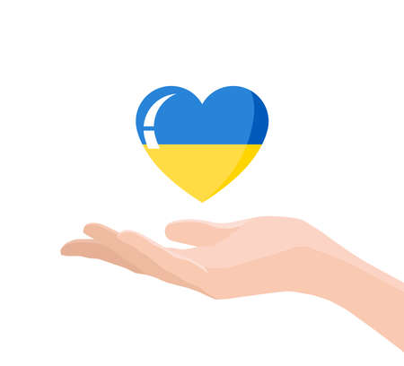 Isolated palm and heart in the colors of the Ukrainian flag. Concept of peace. A human hand supporting a heart. Stock vector illustration for posters, flyers, banners, social media.のイラスト素材