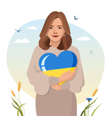 Cute woman hugs heart in the color of the Ukrainian flag. The concept of love for Ukraine and support for the country. Blue and yellow heart in the hands of a woman. Vector illustration in flat style.のイラスト素材