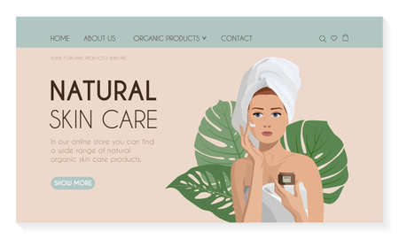 Landing page template for skin care. Concept of self-care with natural organic cosmetics. Modern web page design. Woman applying natural cream on her face. Stock vector illustration in flat style.のイラスト素材