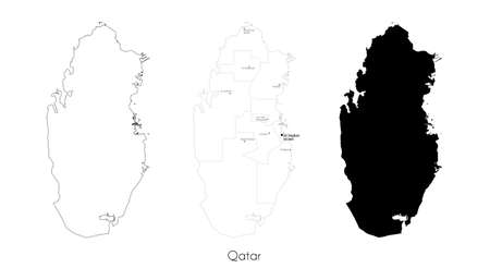Isolated linear outline and black silhouette map of Qatar on white background. Highly detailed map of Qatar with country name, border, cities and capital Doha. Stock vector illustration.のイラスト素材