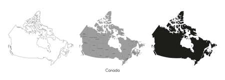 Highly detailed map of Canada. Black contour line; territory of the country with regions, major cities and the capital; black silhouette of Canada on white background. Stock vector illustration.のイラスト素材