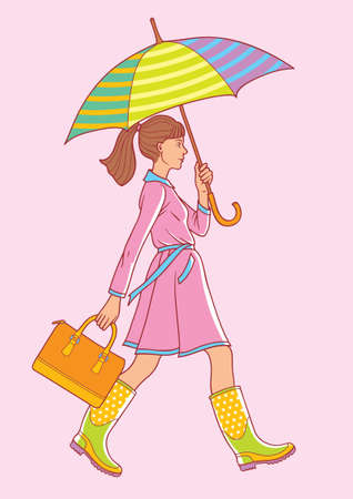 girl dressed in a raincoat and rubber boots walks holding an umbrellaのイラスト素材