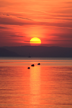 beautiful summer sun above Lake Balaton in Hungaryの写真素材