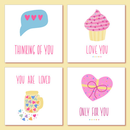 Set of Happy Valentines Day card poster with hand drawn elements and lettering isolated on background template. Cute romantic vector illustrationのイラスト素材