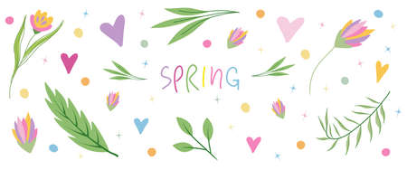 Big set of colorful spring hand drawn elements - flowers, leaves, grass, hearts in modern conceptual styleのイラスト素材