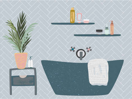 Modern cozy bathroom interior concept with tub, cosmetics and house plant. Stylish design vector illustrationのイラスト素材
