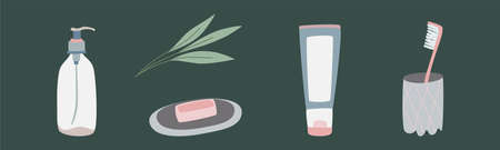 Set of cosmetic products for care and spa - cream, serum, shampoo, lotion, spray, gel in plastic bottle and tubeのイラスト素材