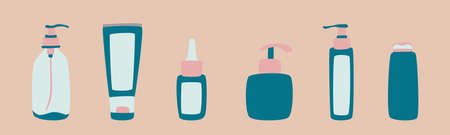 Set of cosmetic products for care and spa - cream, serum, shampoo, lotion, spray, gel in plastic...