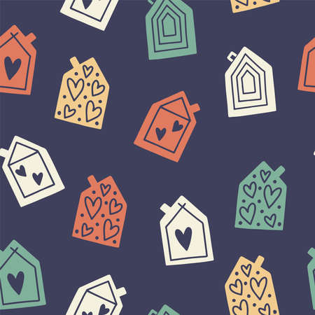Trendy seamless pattern with original cute cartoon houses in a modern retro style. Vector illustration isolated on dark background. Perfect for fabric print, invitation, designのイラスト素材