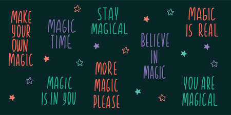 Magic lettering sign quote typography set. Inspiration hand drawn lettering. Calligraphy design for postcard poster graphics. Simple vector sign card colored elements.のイラスト素材