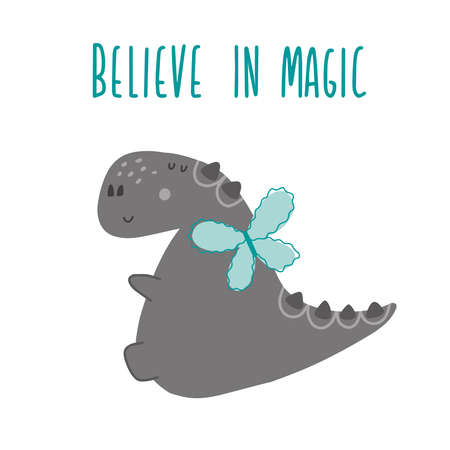 Cute gray dinosaur with magic wings and lettering 'Believe in magic'. Vector illustration in trendy childish style. Perfect for for t-shirt design, prints, apparel, cards, poster, nursery decoration.のイラスト素材