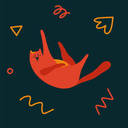 Cute original trendy cat sleeping with abstract elements around. Vector illustration isolated on dark background in modern style. Perfect for cards, posters, printのイラスト素材