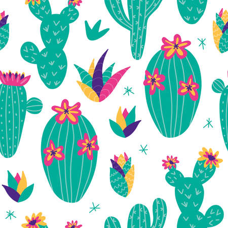 Seamless pattern of cacti in cute style in bright colors. Perfect for kids apparel, fabric, textile,...