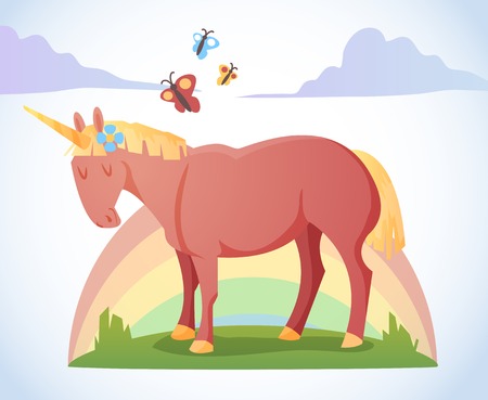 Cartoon magic unicorn with rainbow and butterflies のイラスト素材