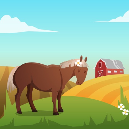 Cute horse, with landscape in backgroundのイラスト素材