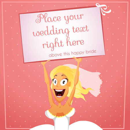 Happy sexy bride holding wedding text aboveのイラスト素材