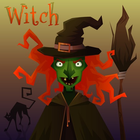 Evil witch with red hair and smile with black cat and broom. のイラスト素材