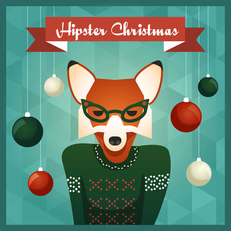 Cute Fox girl in sweater with Christmas balls on backgroundのイラスト素材