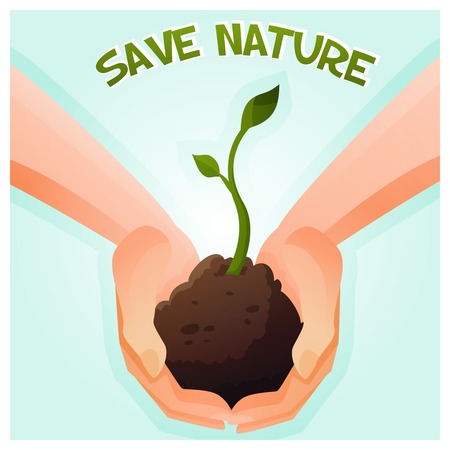 Two hands holding a young green plant. Vector Illustrationのイラスト素材