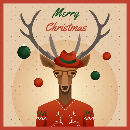 Hipster deer with hat and christmas balls. Vector Illustrationのイラスト素材