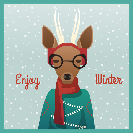 Cute girl roe deer with winter background. Vector Illustrationのイラスト素材