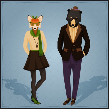 Fashion hipster animals couple fox and bearのイラスト素材