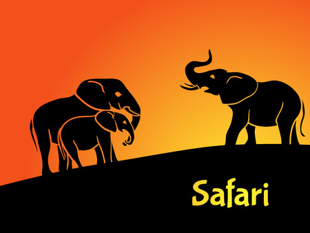 Elephants safari concept. Silhouettes with sunrise on background.のイラスト素材