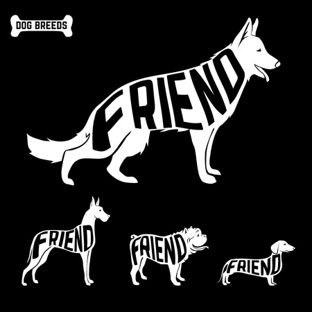 Dogs silhouettes with text inside. isolated, friendship concept. Vector illustrationのイラスト素材