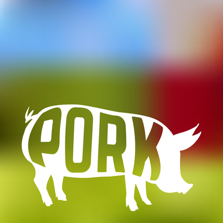 Pig silhouette with text inside on blur farm background. Vector illustration.のイラスト素材