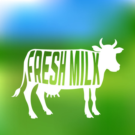 Cow silhouette with text inside about fresh milk. Label or emblem illustrationのイラスト素材