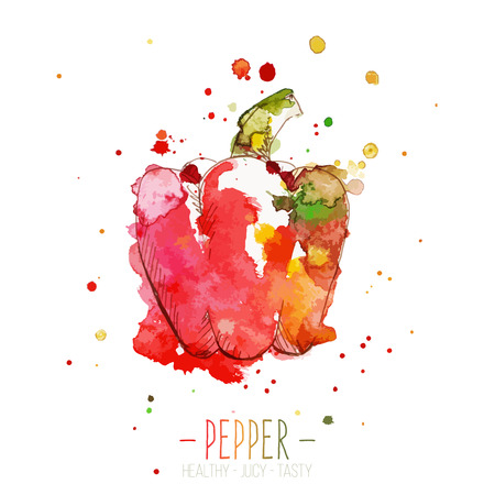 Watercolor red pepper with splashes in free style. Fresh and juicy colors. Hand drawn isolated on white background. Vector illustrationのイラスト素材