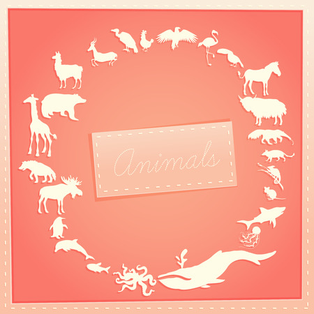 Concept pink poster for girls with animals silhouettes around with text inside. Vector illustrationのイラスト素材
