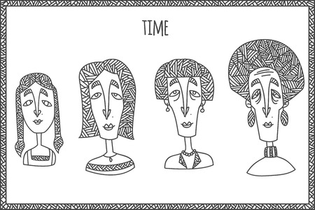 Woman life cycle from kid to grandmother. Hand drawn in unusual ethnic line style isolated on white background. Vector illustrationのイラスト素材