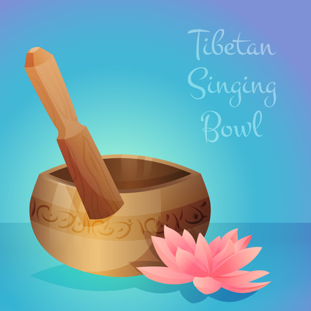 Vector illustration of tibetan singing bowl with wooden stick and lotus flower. Vector illustrationのイラスト素材