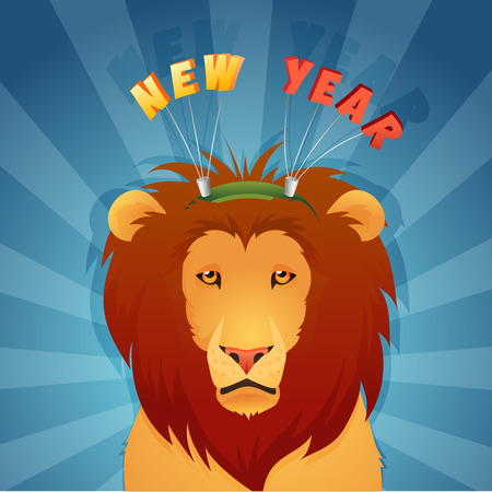 Concept illustration of wild animal in winter holiday headdress. With bright ornamental background. Vector illustrationのイラスト素材