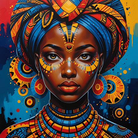 Portrait of beautiful African woman. Colorful background. African culture.の素材