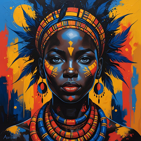 Portrait of African American woman with headdress and feathers on colorful background.の素材