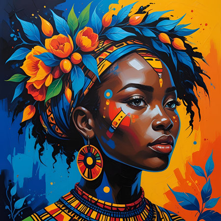 Portrait of beautiful African American woman with flowers in her hair.の素材