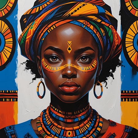 Portrait of beautiful African woman with afro hairstyle and colorful make-up.の素材