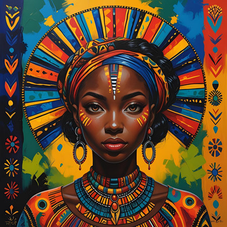 Portrait of African American woman with ethnic headdress.の素材