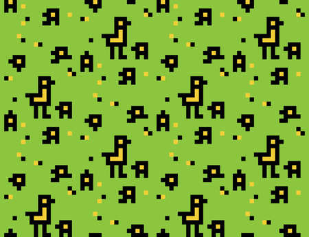 Birds family seamless pattern. The funny seamless pattern with bids family on the green field. Pixel art.のイラスト素材