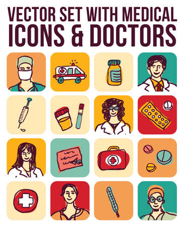 Color set of icons, objects and portrait of medical workers. Color vector illustration.のイラスト素材