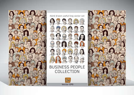 Set with crowd seamless pattern and characters icons. Color vector illustration.のイラスト素材