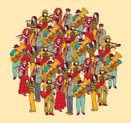 Crowd musicians figures in full height. Color vector illustration. Eps 8.のイラスト素材