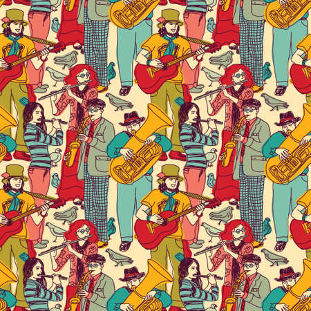 Wallpaper with street musicians and birds. Color vector illustration. EPS 8.のイラスト素材