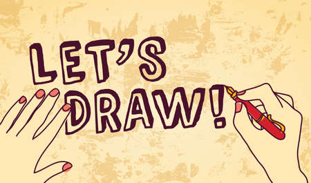 Sign on grunge background and two artist hands. Color vector illustration. EPS 8.のイラスト素材