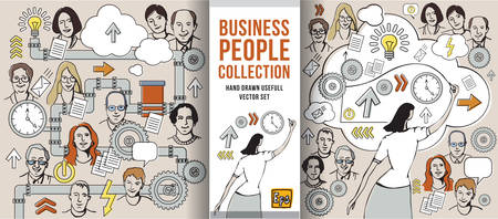 Set with illustration about work and presentation. Hand drawn color vector illustration. のイラスト素材