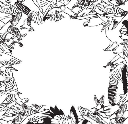 Border with wild birds and empty place for text. Monochrome vector illustration.のイラスト素材