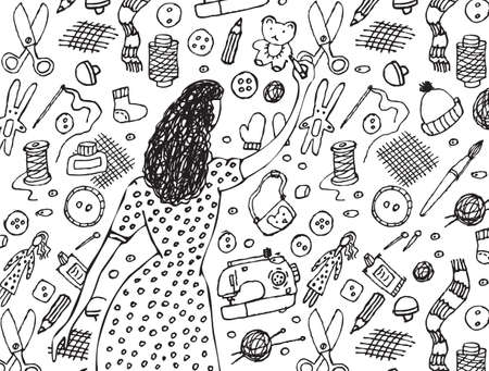 Young woman painting handmade objects and icons. Monochrome vector illustration. EPS8.のイラスト素材