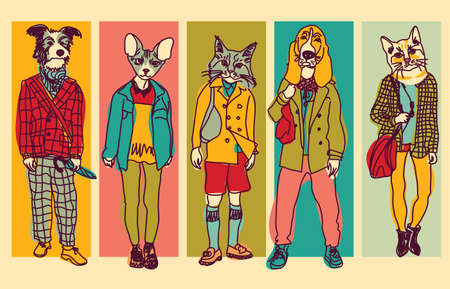 Several people figures with pets faces. Color vector illustration. EPS8のイラスト素材